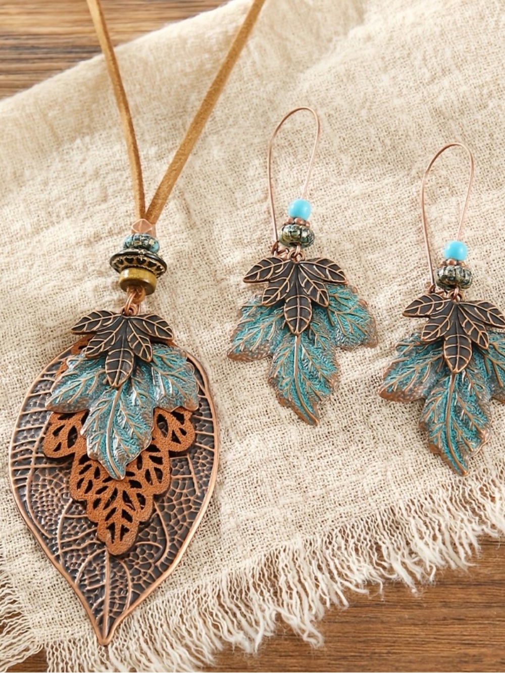 Fall Necklace AND Earrings Copper Leaf Pendant Set - Green and Copper